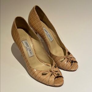 Jimmy Choo Tan Croc-Embossed Peep-Toe Knot Pumps